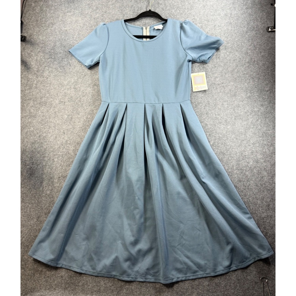 LuLaRoe Amelia Dress Womens Large Blue Textured Knit Pleated Fit Flare NWT